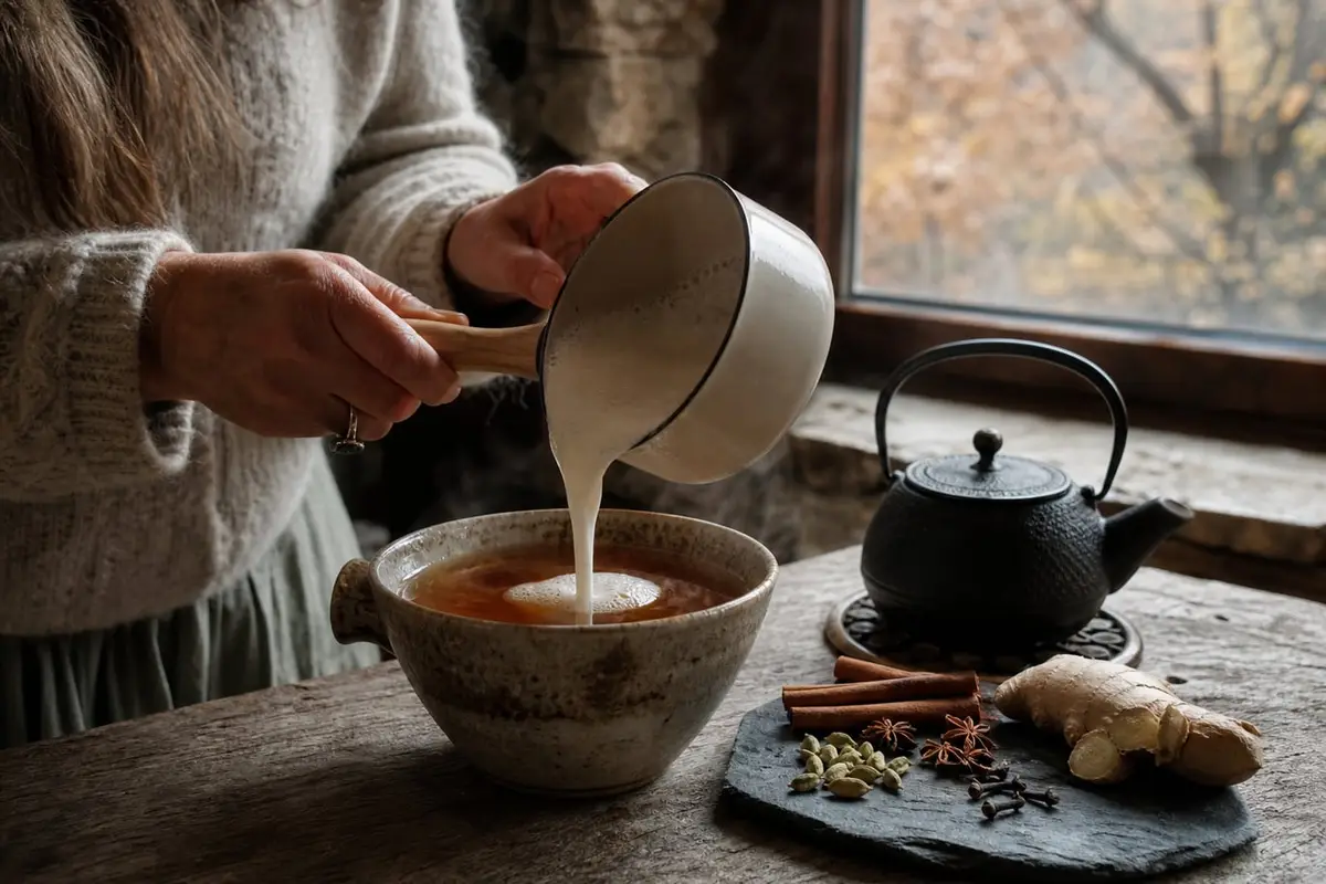 Des mains versent du lait moussé dans un grand bol de thé épicé ambré, à côté d’une ardoise de cannelle, de cardamome, de badiane et de gingembre, dans une cuisine de ferme en automne