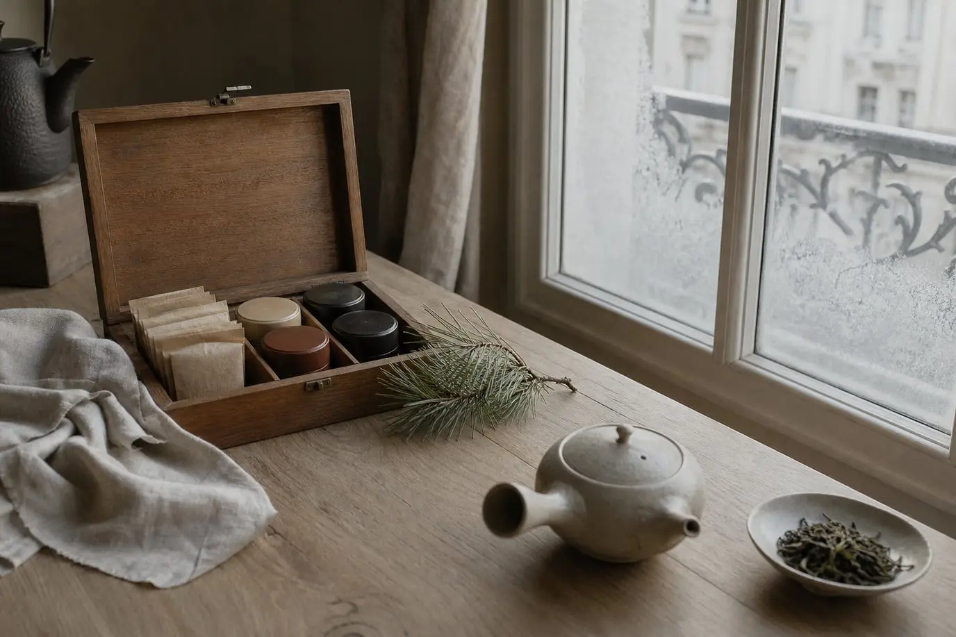 Un coffret de thés ouvert près d’une fenêtre givrée, un matin d’hiver