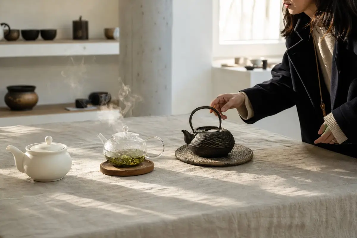 Une main hésite entre plusieurs théières de matières différentes posées sur une table de lin