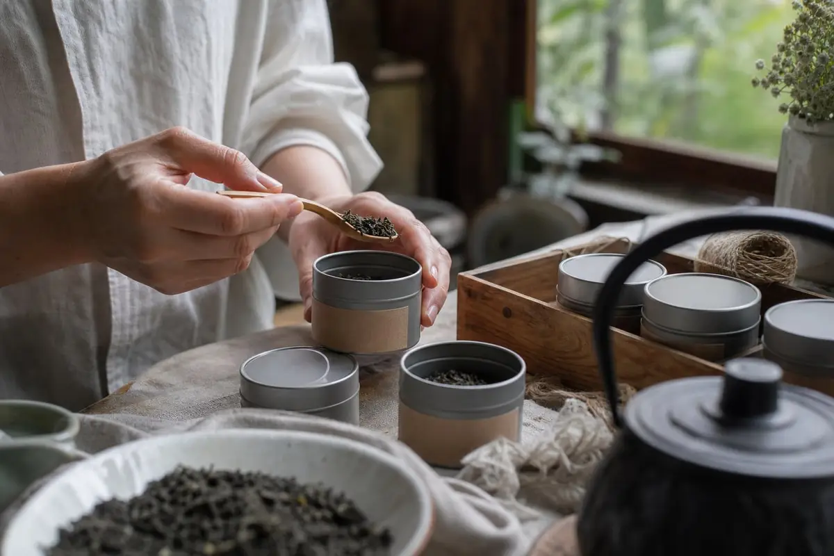 Des mains remplissent de petites boîtes de thé en vrac pour composer un coffret