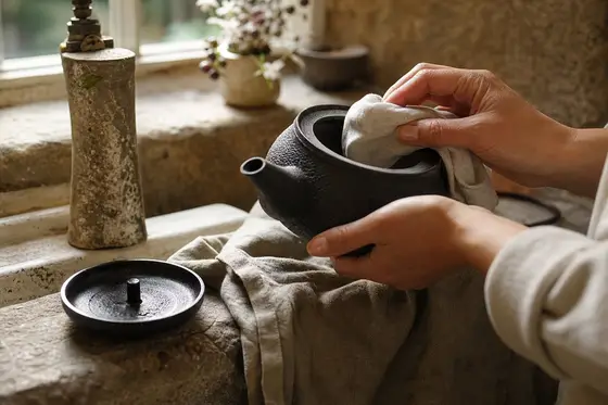 Des mains sèchent l’intérieur d’une théière en fonte avec un torchon en coton près d’un évier en pierre
