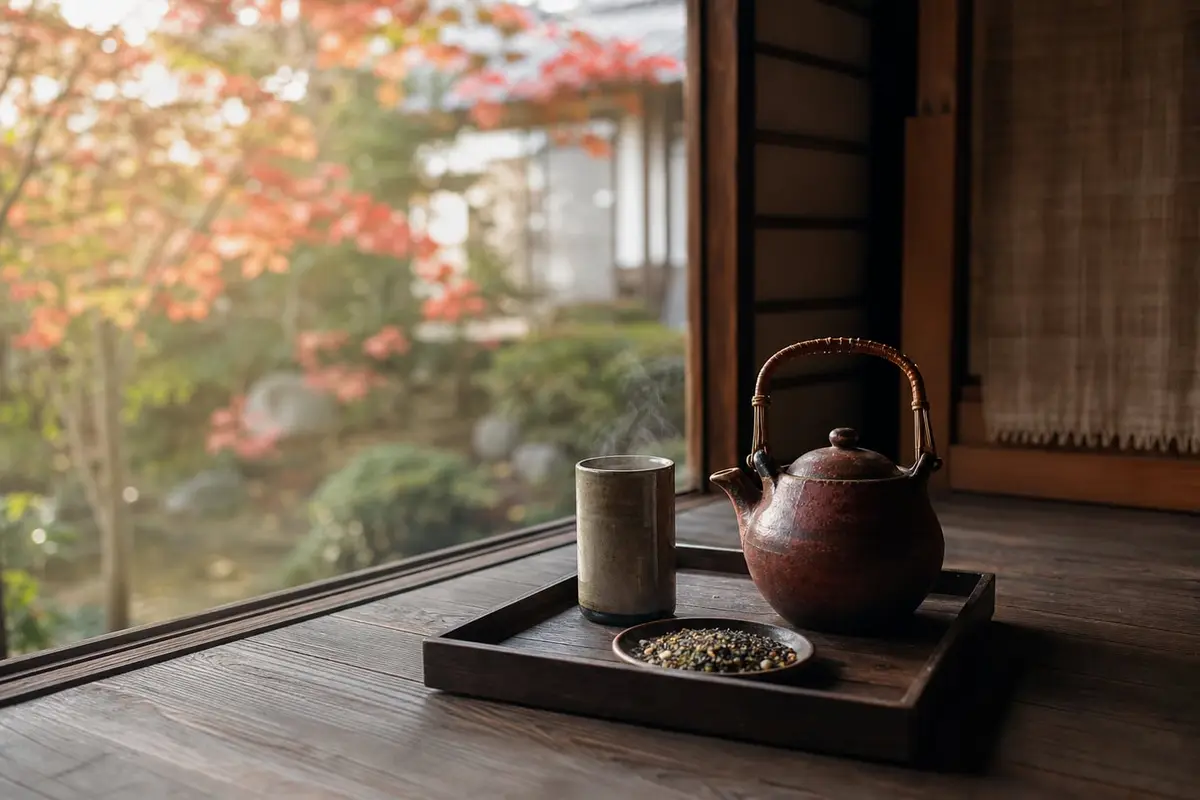 Une théière dobin en terre à anse de rotin, une tasse haute et une coupelle de genmaicha au riz grillé sur la véranda d’une maison japonaise, un matin d’automne