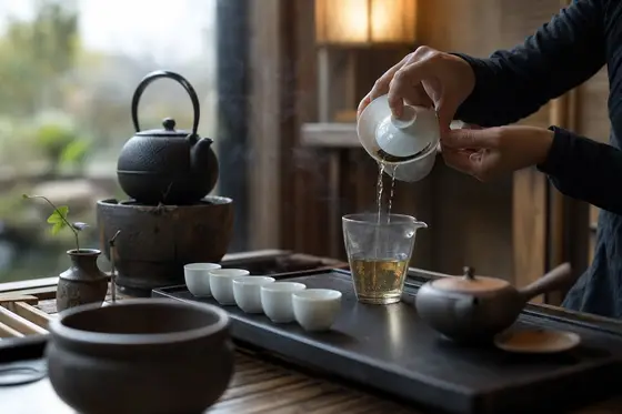 Des mains versent le thé d’un gaiwan dans un pichet sur un plateau en bambou
