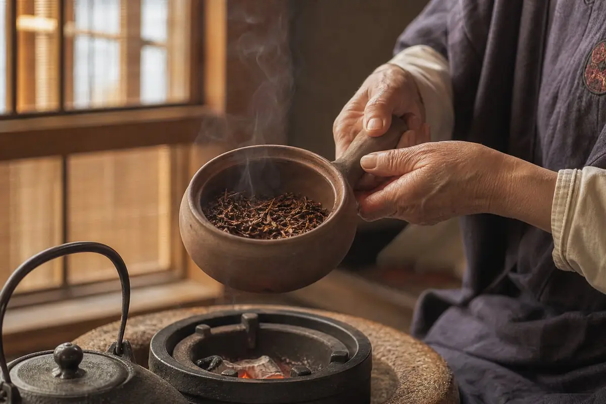 Des mains secouent un petit poêlon en terre où grillent des feuilles de thé brun-roux au-dessus de braises, dans une boutique de thé de Kyoto
