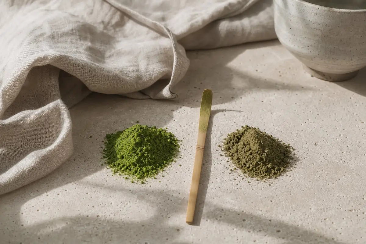 Deux petits tas de matcha de couleurs différentes côte à côte sur une pierre claire