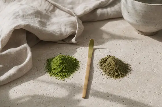 Deux petits tas de matcha de couleurs différentes côte à côte sur une pierre claire
