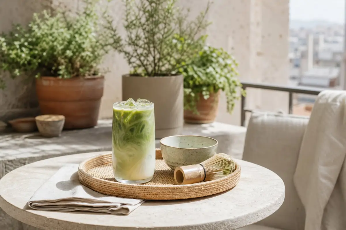 Un matcha latte glacé vert tendre dans un grand verre, posé sur un plateau en rotin sur un balcon ensoleillé, avec un bol à matcha et un fouet en bambou à côté