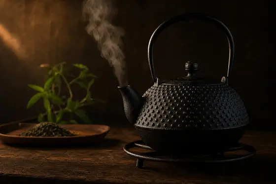 Une théière en fonte japonaise d’où s’échappe un filet de vapeur sur fond sombre