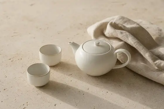 Une théière en porcelaine blanche et deux petites tasses sur un plan de calcaire clair