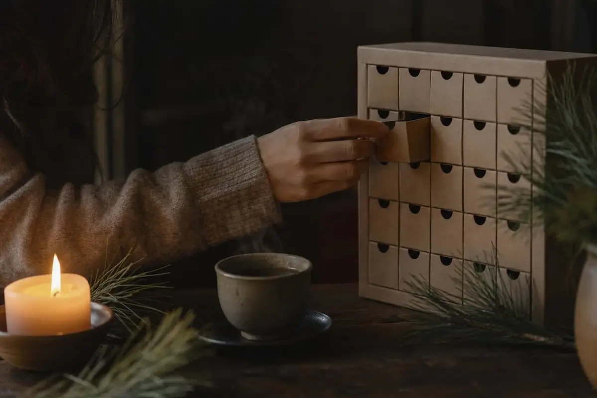 Une main ouvre une case d’un calendrier de l’Avent en papier kraft à côté d’une tasse de thé fumante