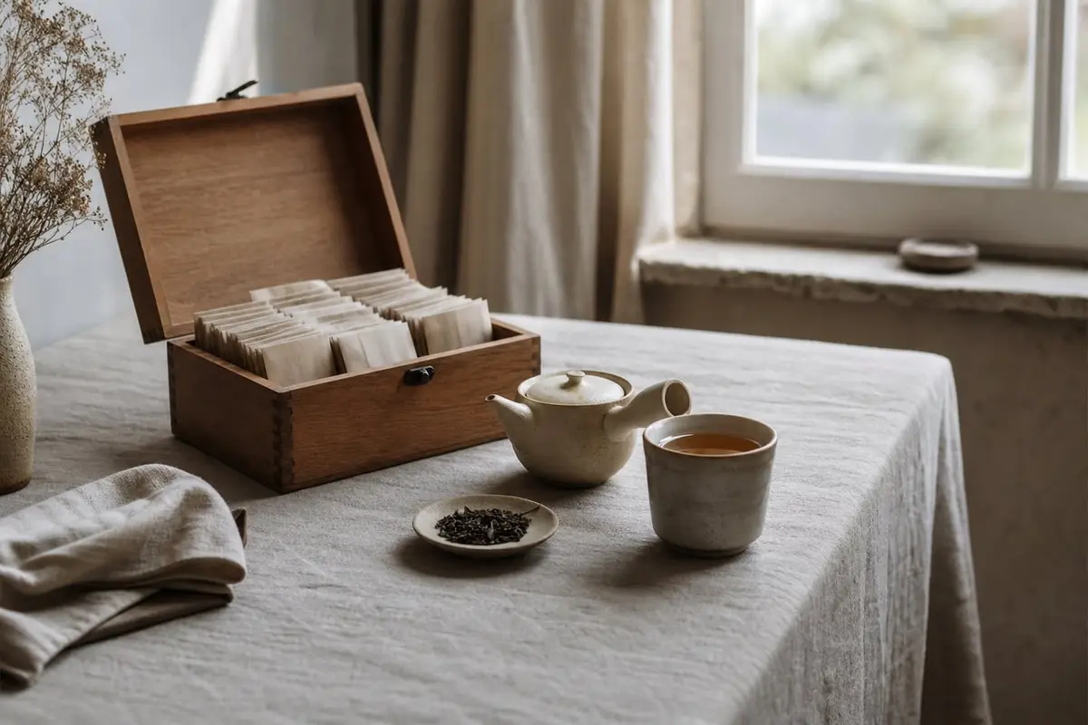 Un coffret en bois rempli de sachets de thé sur une nappe en lin près d’une fenêtre