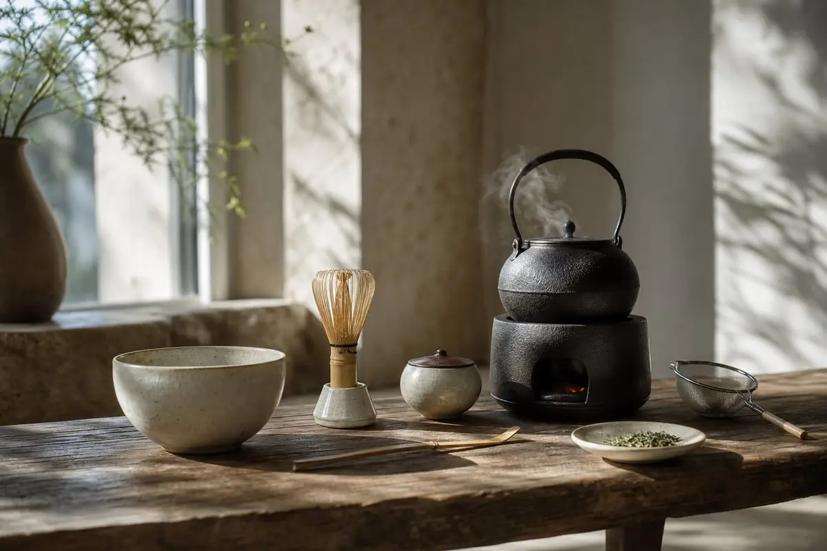 Un bol à matcha, un fouet en bambou sur son support, une cuillère et un tamis sur une table basse