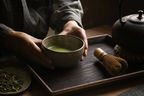Un bol de matcha fraîchement fouetté à la mousse fine sur un plateau sombre
