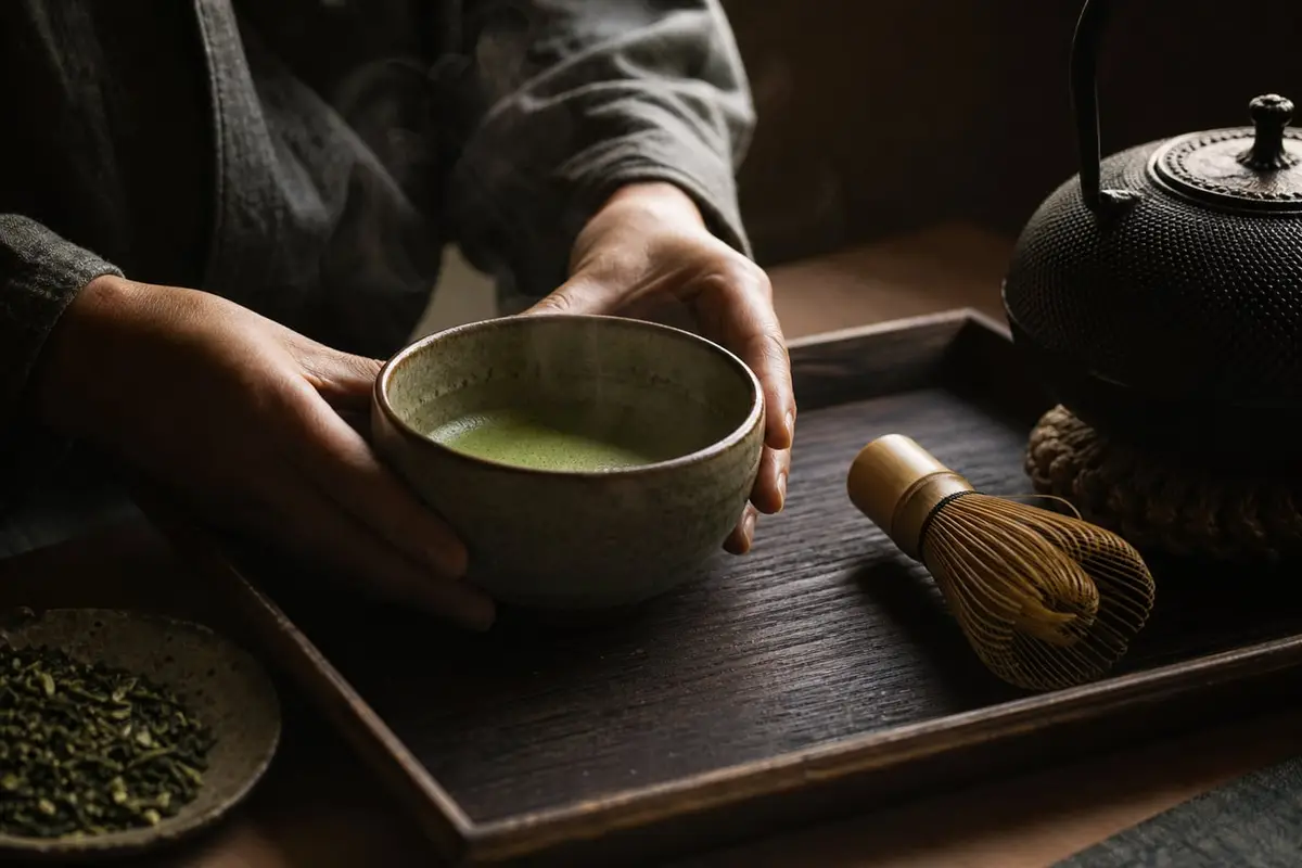 Un bol de matcha fraîchement fouetté à la mousse fine sur un plateau sombre