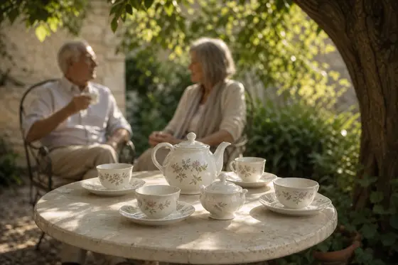Un service à thé en porcelaine dressé sur une table de jardin sous un tilleul