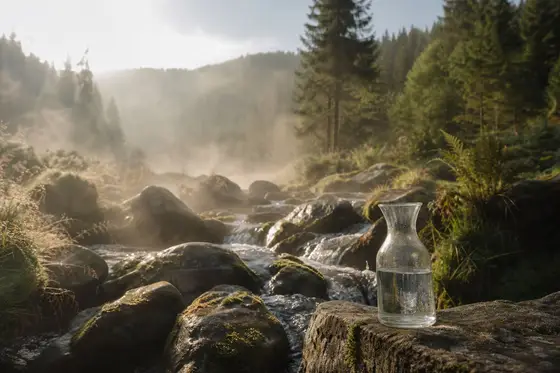 Une source claire coule sur des pierres moussues dans une forêt brumeuse