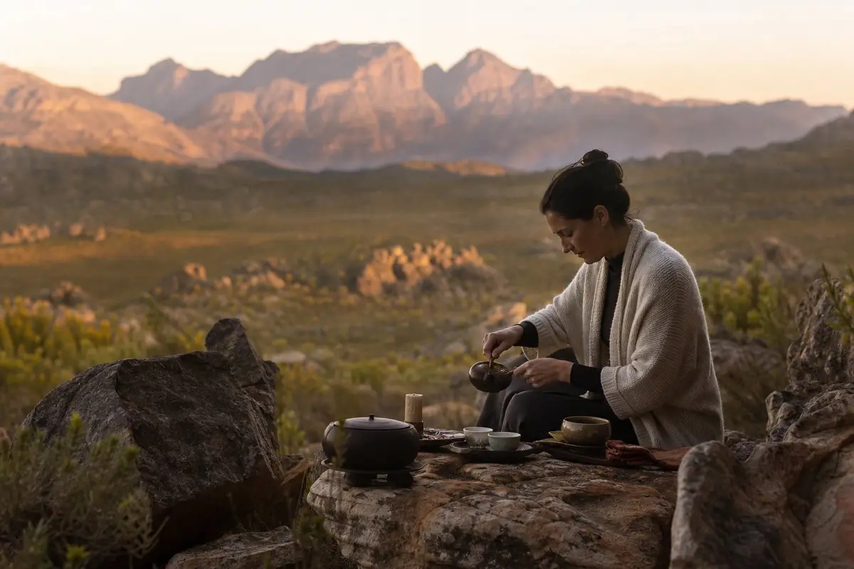 Les montagnes du Cederberg et des arbustes de rooibos au soleil couchant