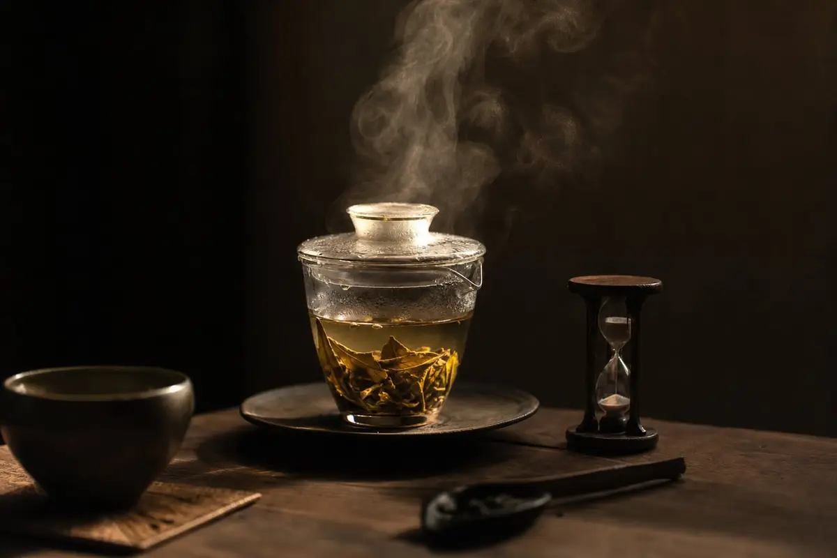 Une tasse en verre où les feuilles de thé infusent, à côté d’un petit sablier