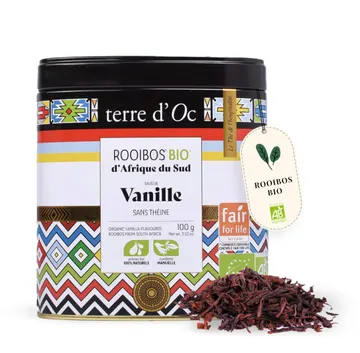 Terre d'Oc, rooibos bio à la vanille en vrac, boîte métal de 100 g