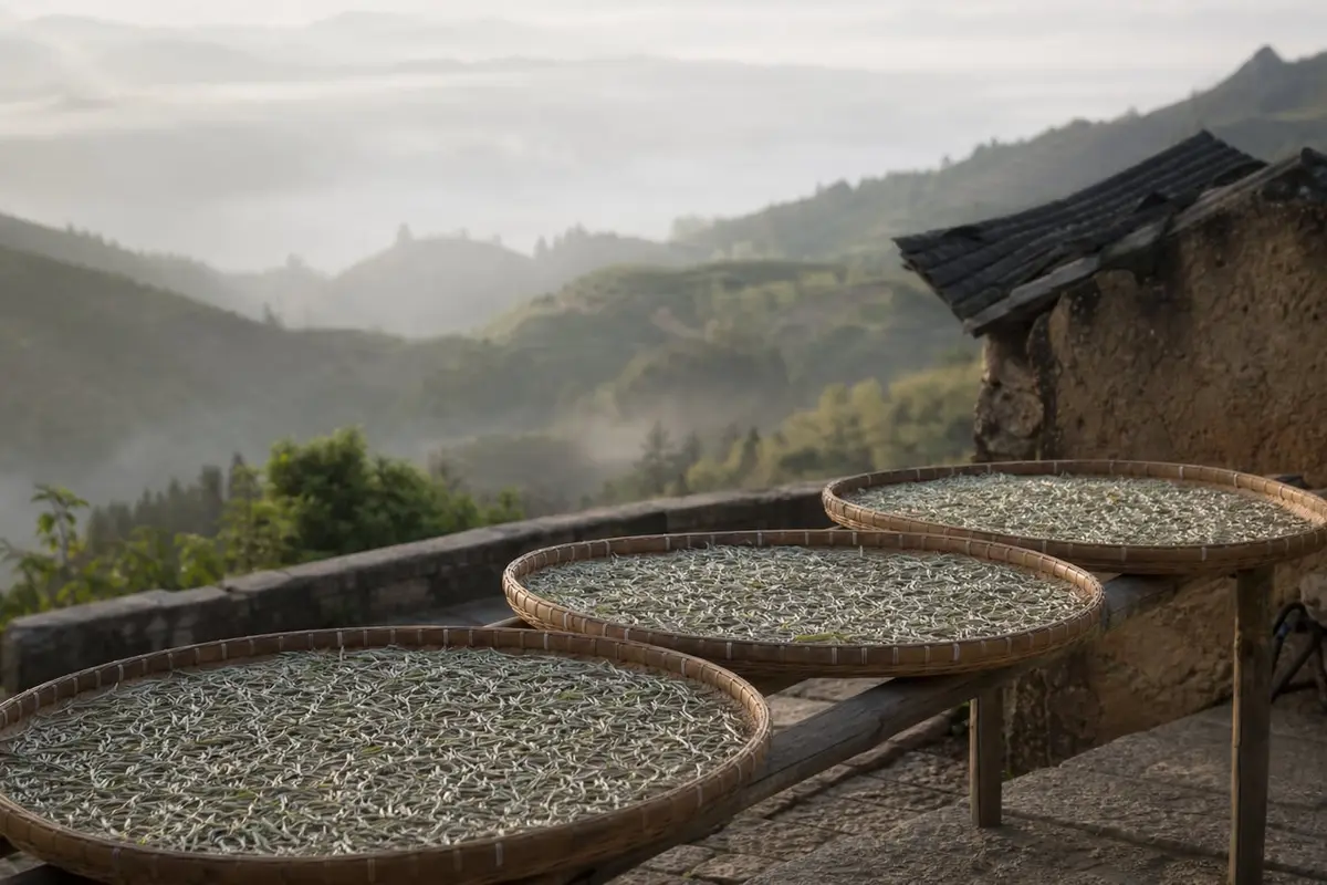 Des tamis de bambou couverts de bourgeons de thé blanc argentés sèchent au soleil du matin sur une terrasse, devant des collines de théiers dans la brume