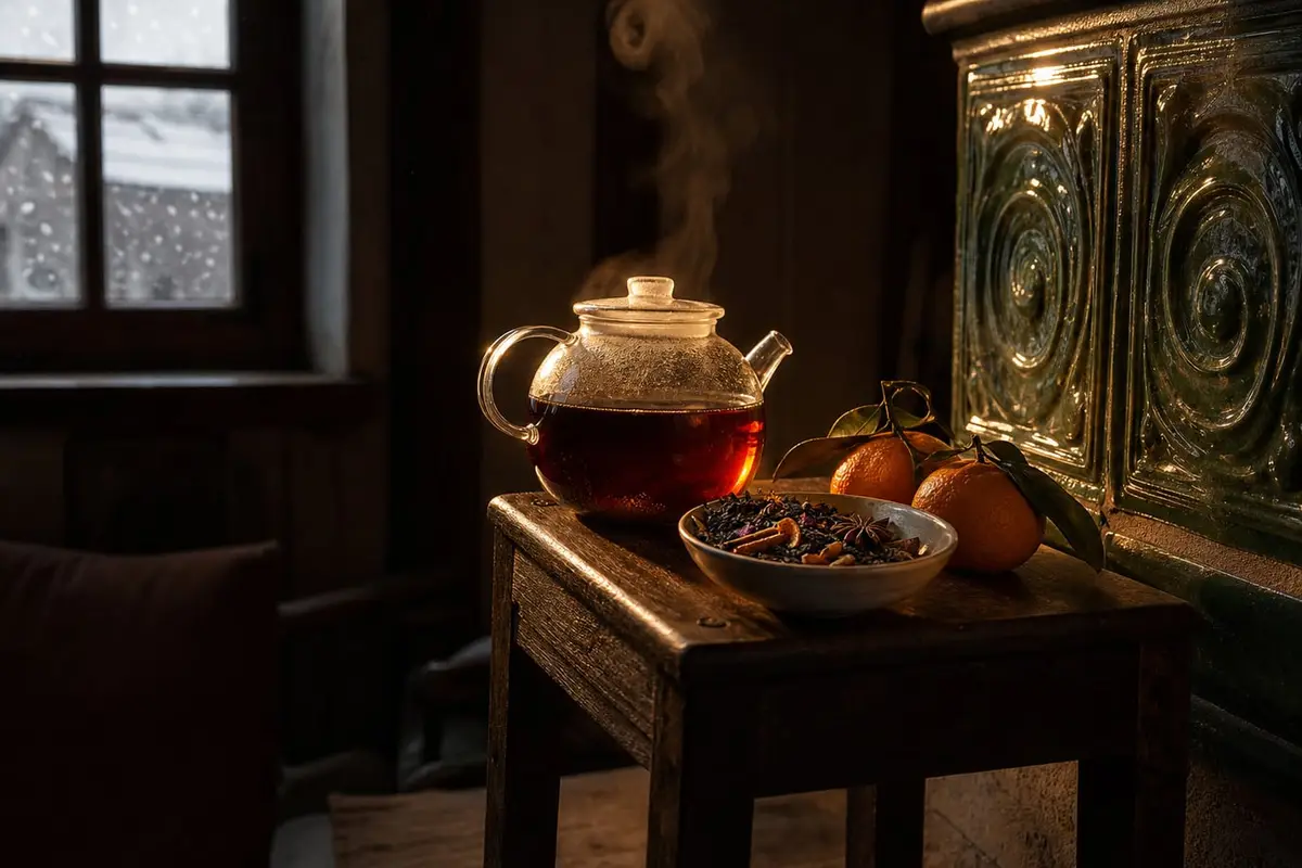 Une petite théière en verre de thé ambré près d’un vieux poêle en faïence alsacien, avec une coupelle de thé noir aux écorces d’orange, à la cannelle, à la badiane et aux pétales de bleuet, un soir de neige