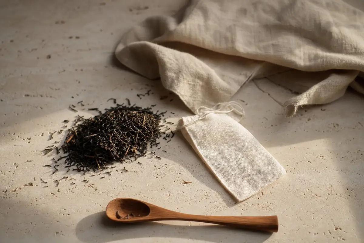 Des feuilles de thé entières à côté d’un sachet en mousseline vide sur du travertin