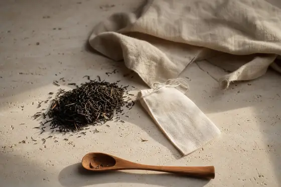 Des feuilles de thé entières à côté d’un sachet en mousseline vide sur du travertin