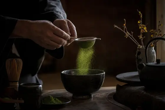 De la poudre de matcha tamisée tombe dans un bol sombre dans un rai de lumière