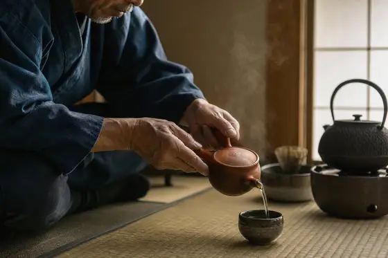 Des mains tiennent un kyusu en terre rouge par son manche latéral pour servir un thé vert