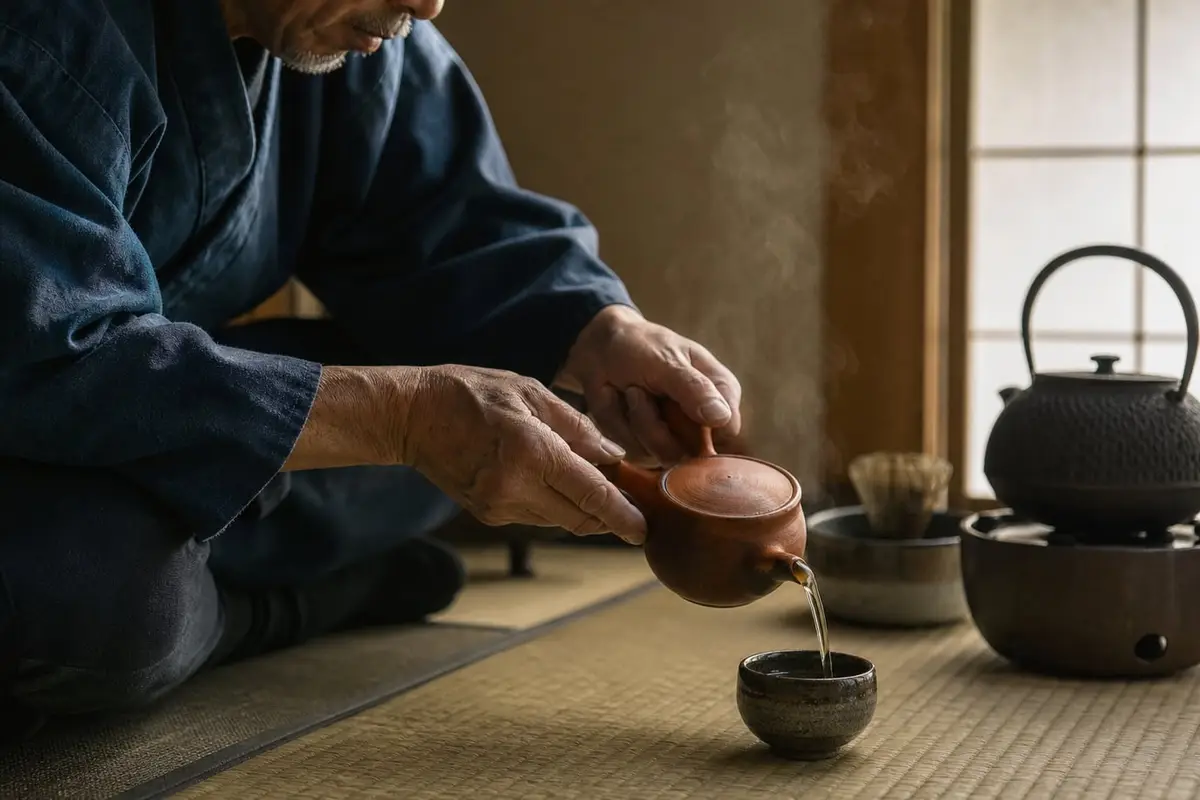 Des mains tiennent un kyusu en terre rouge par son manche latéral pour servir un thé vert