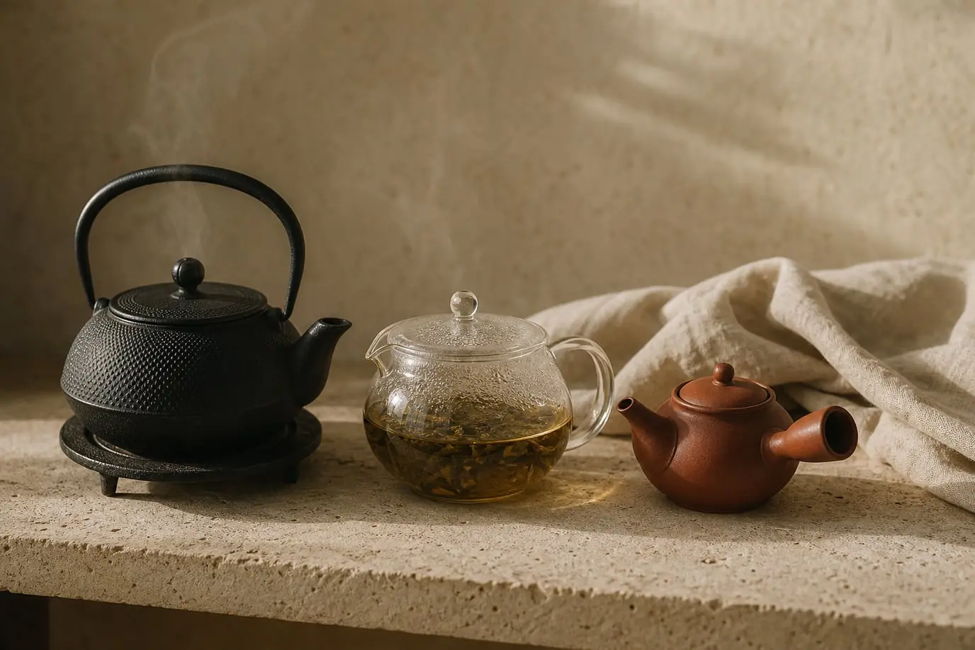 Une théière en fonte, une théière en verre et un kyusu en terre sur une étagère en travertin