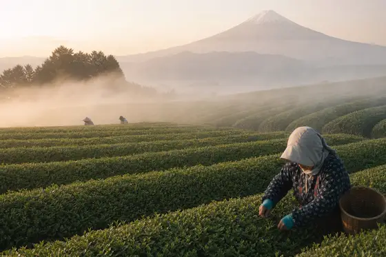 Des rangs de théiers au pied du mont Fuji dans la brume du matin